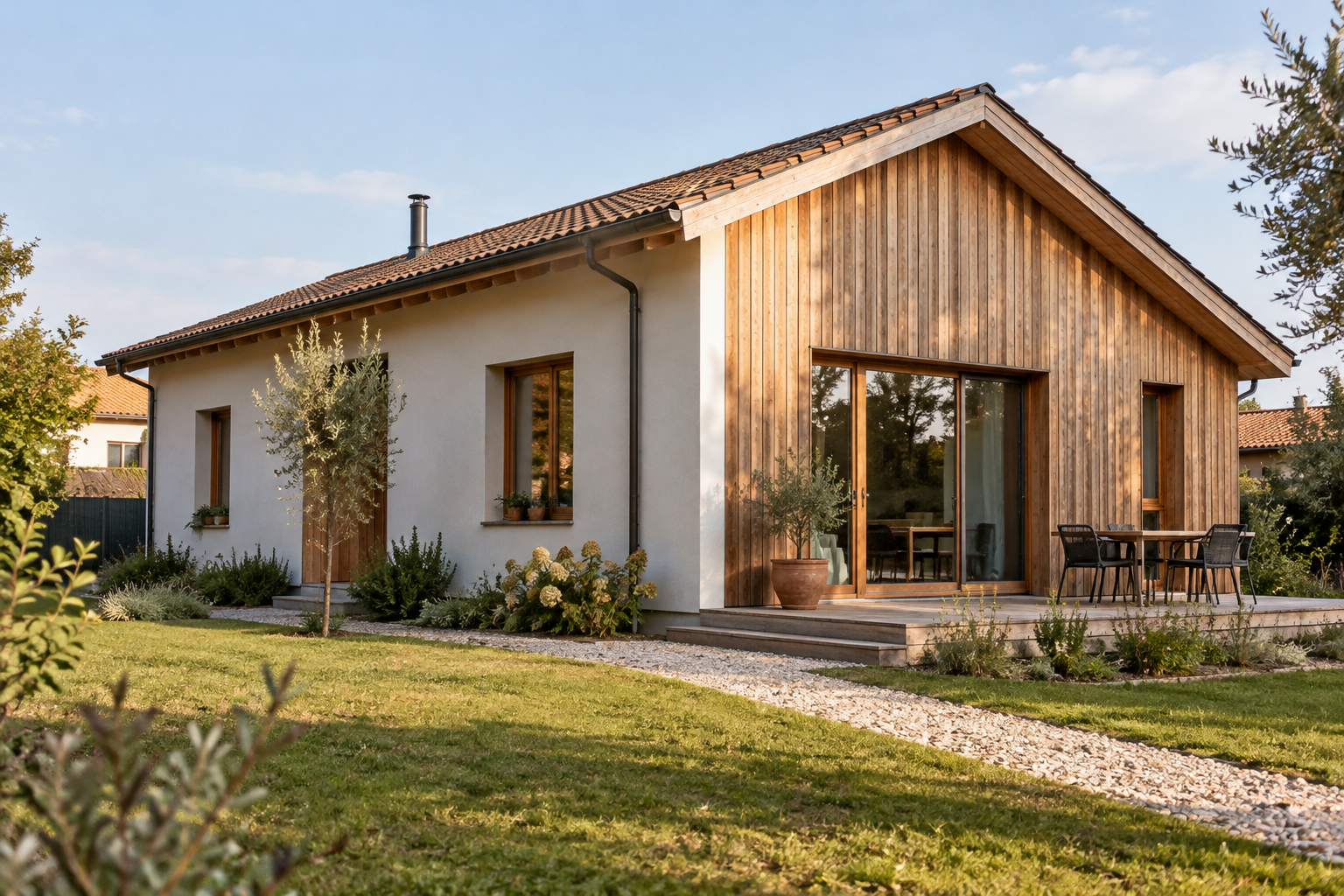 Casa in legno a un piano — immagine generata a scopo illustrativo