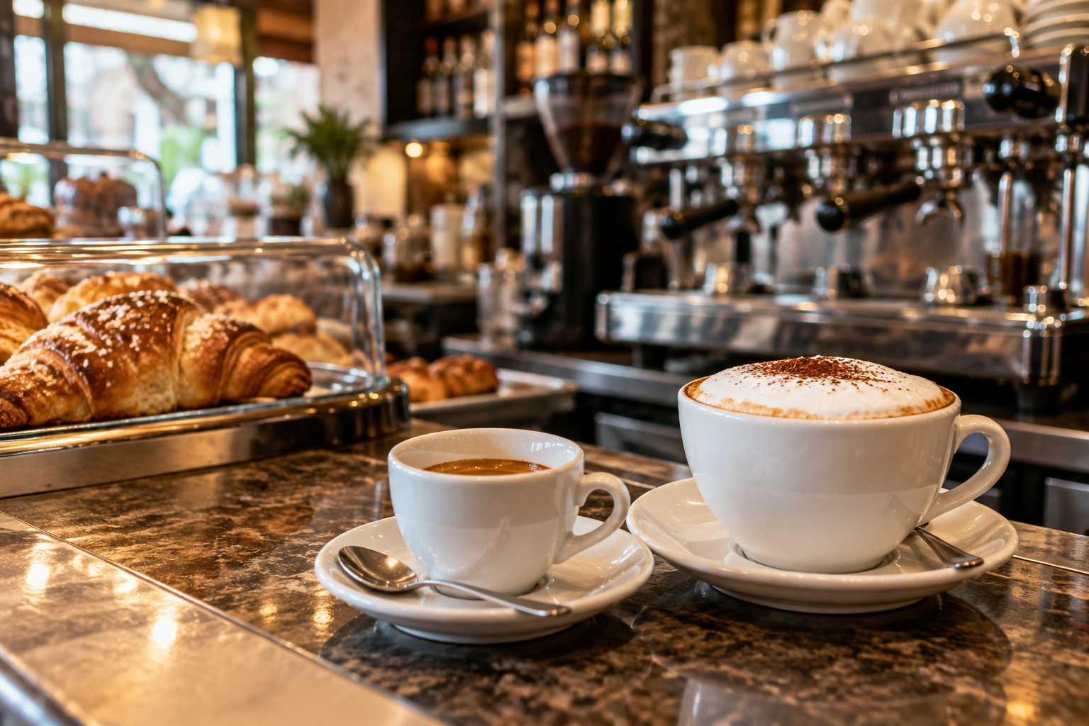 Immagine illustrativa generata con AI: caffè e cappuccino al bar; non è una foto di un prodotto specifico di Edi-Bar