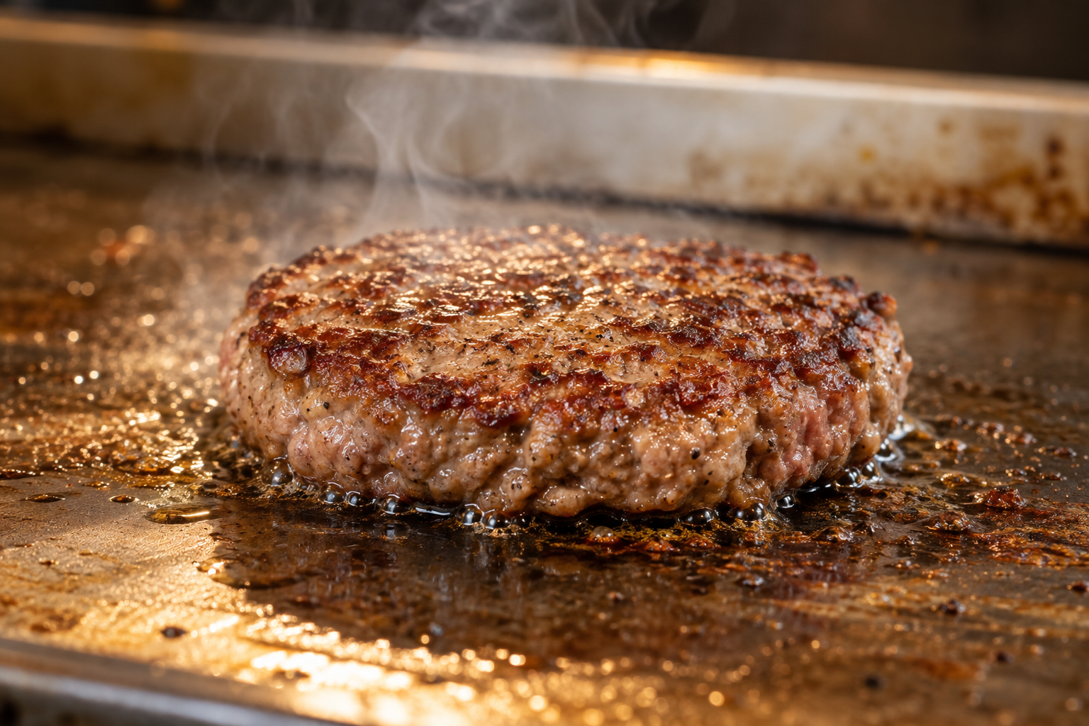Immagine illustrativa generata con AI: hamburger in cottura sulla piastra; non è una foto di un prodotto specifico di Edi-Bar