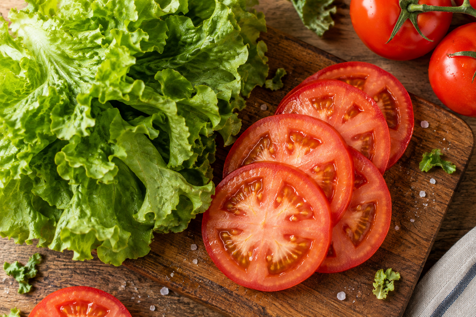 Immagine illustrativa generata con AI: lattuga e pomodoro su tagliere; non è una foto di un prodotto specifico di Edi-Bar