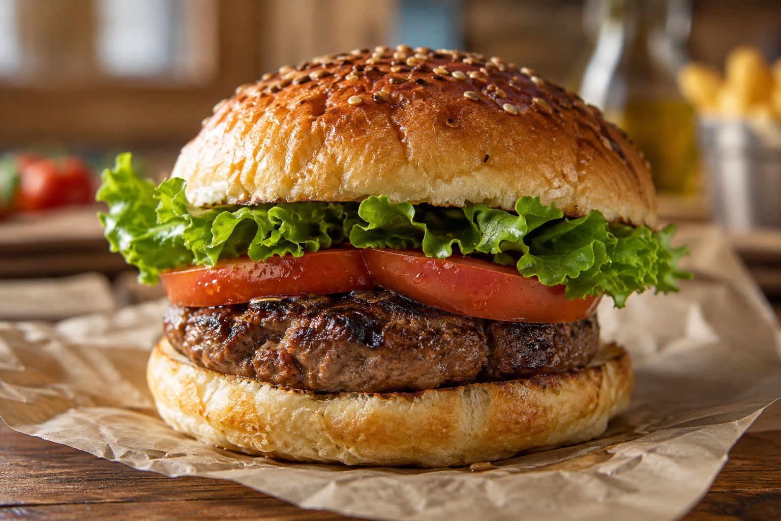 Immagine illustrativa generata con AI: hamburger con lattuga e pomodoro; non è una foto di un prodotto specifico di Edi-Bar