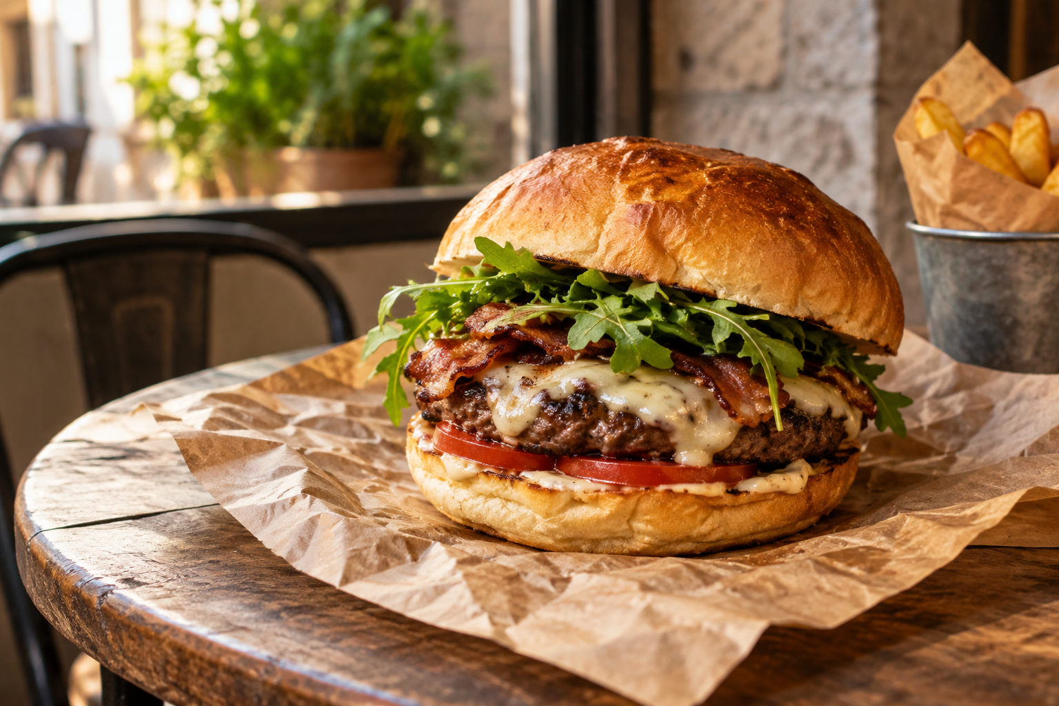 Immagine illustrativa generata con AI: hamburger su carta alimentare; non è una foto di un prodotto specifico di Edi-Bar