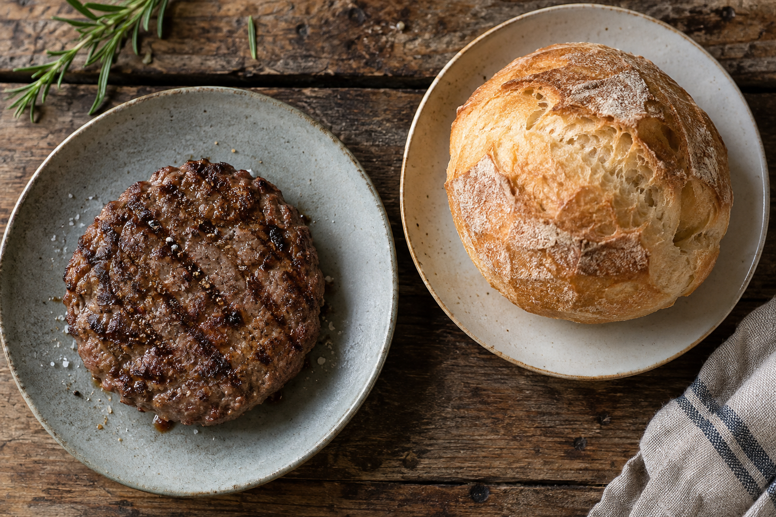 Immagine illustrativa generata con AI: hamburger e pane su piatti separati; non è una foto di un prodotto specifico di Edi-Bar