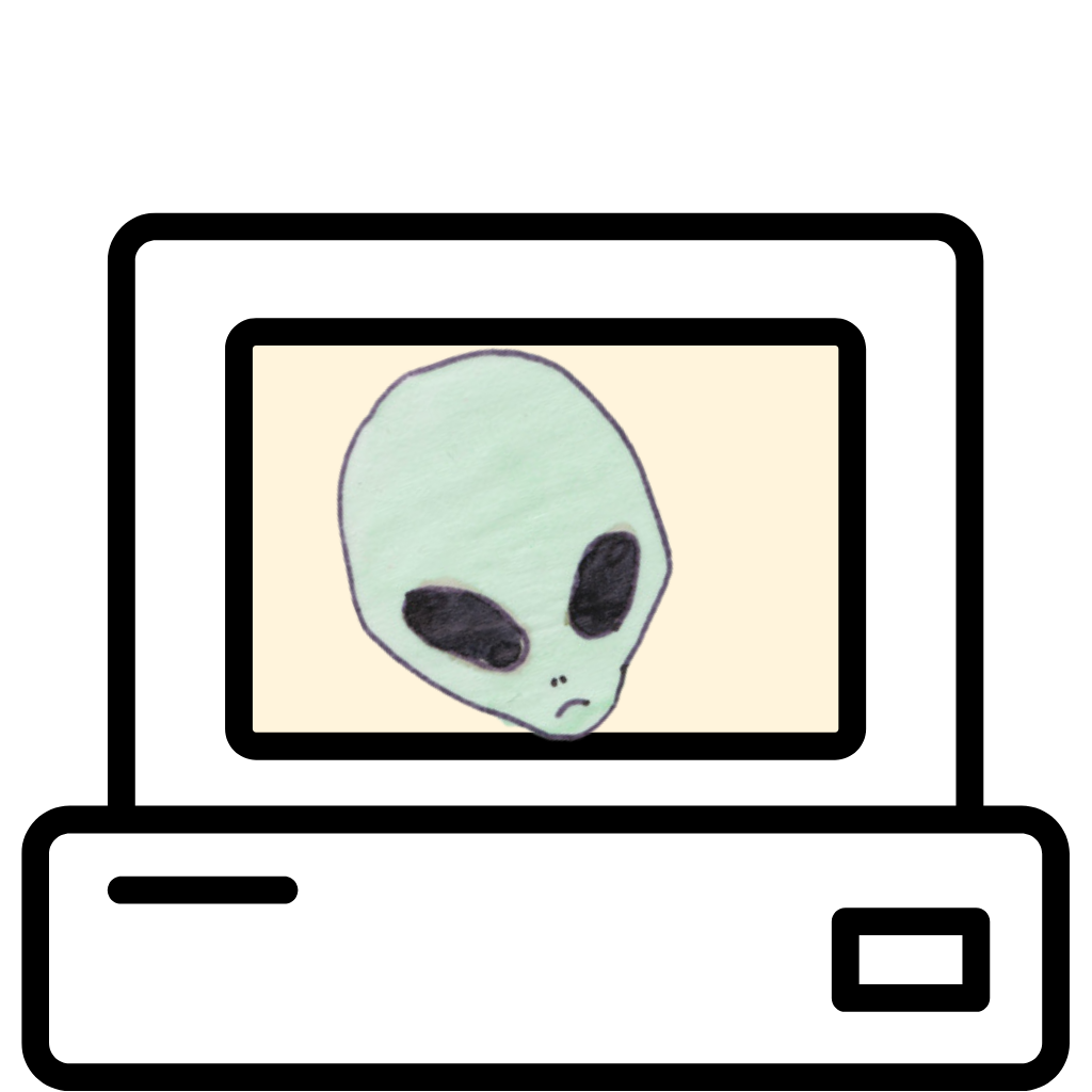 image of a computer with a green alien on the screen