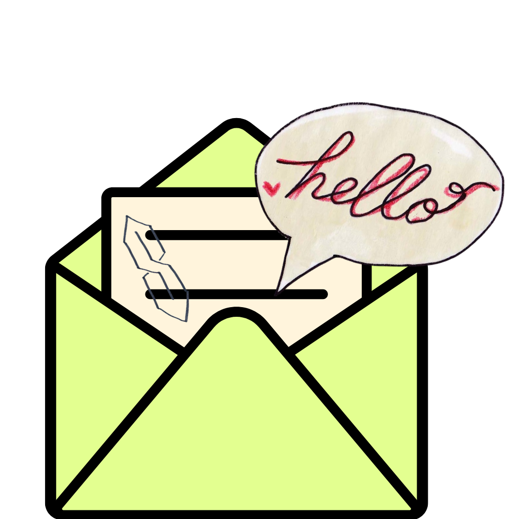 an open envelope with a letter and a word bubble with the hand written words &quot;hello&quot;