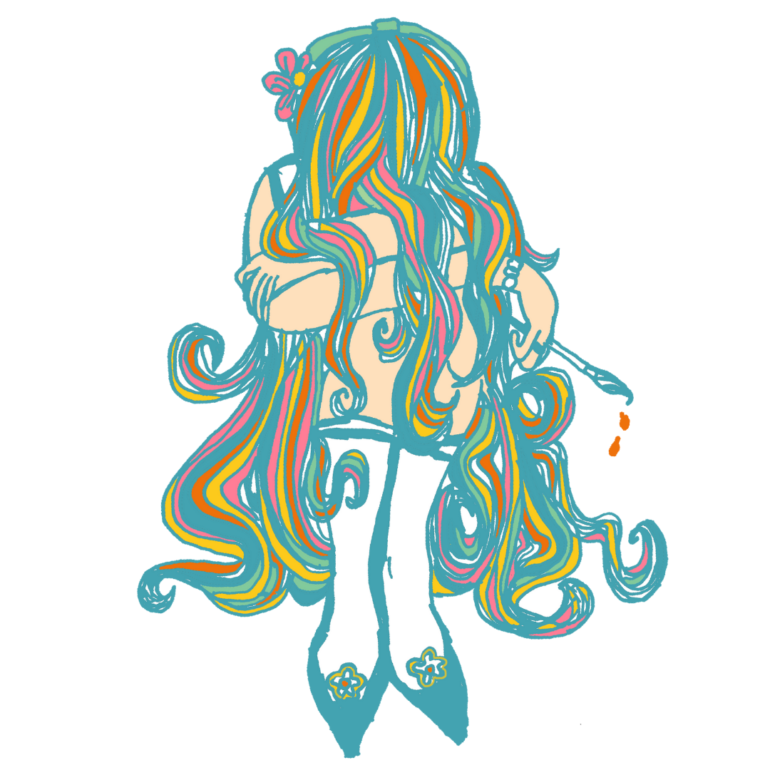 A colorful and expressive image of a girl, her face obscured by strands of vibrant hair, her body slumped in a sad posture as she holds a dripping paintbrush. Her arms are wrapped tightly around her knees.