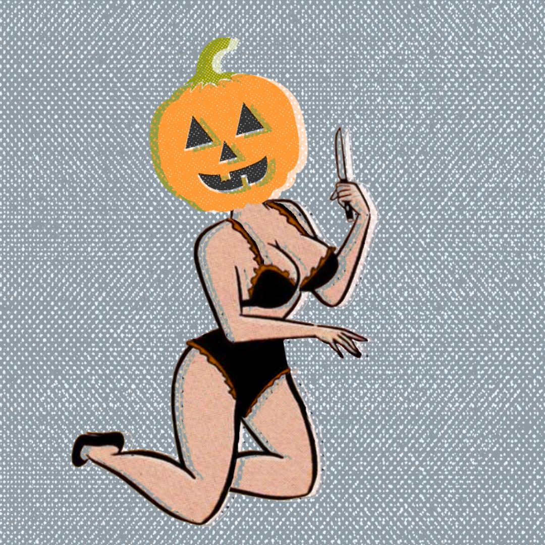 A creative Halloween image depicting a woman in a black bikini, kneeling and posing with a pumpkin head and a knife.