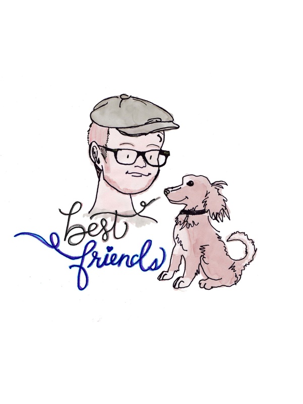 A charming illustration featuring a boy and his furry companion. The boy, wearing glasses and a newsboy cap, is gazing lovingly at his small brown dog. The phrase &apos;Best Friends&apos; is written nearby.