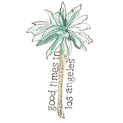 A picturesque image of a palm tree, its fronds gently rustling in the breeze, with the words &apos;Good times in Los Angeles&apos; inscribed on its base.