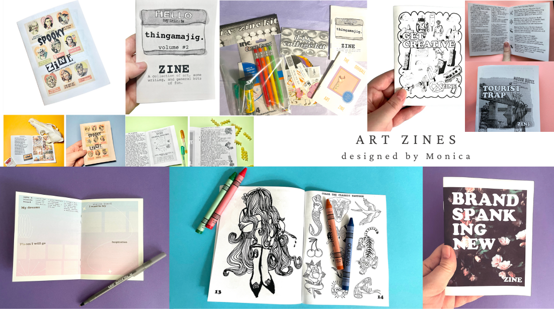 a group of several printed art zines with graphics.