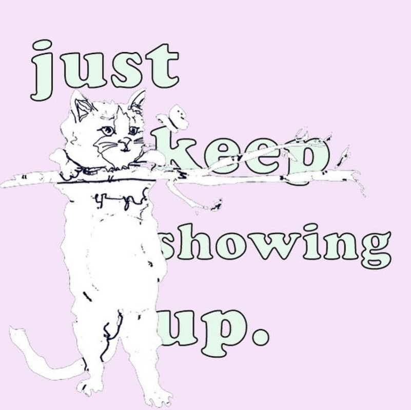  A cheerful illustration of a determined kitten hanging on for dear life, with the words &quot;Hang In There Baby&quot; written in a playful font. The background is a soft pink color.